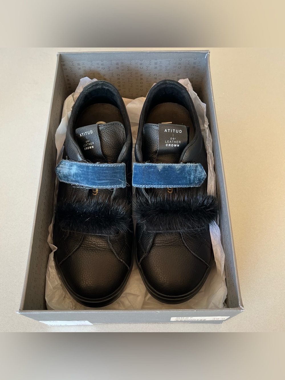 Women’s Black Atitud Leather Crown Donna Cervo Fur Trim & Velvet Strap Sneakers